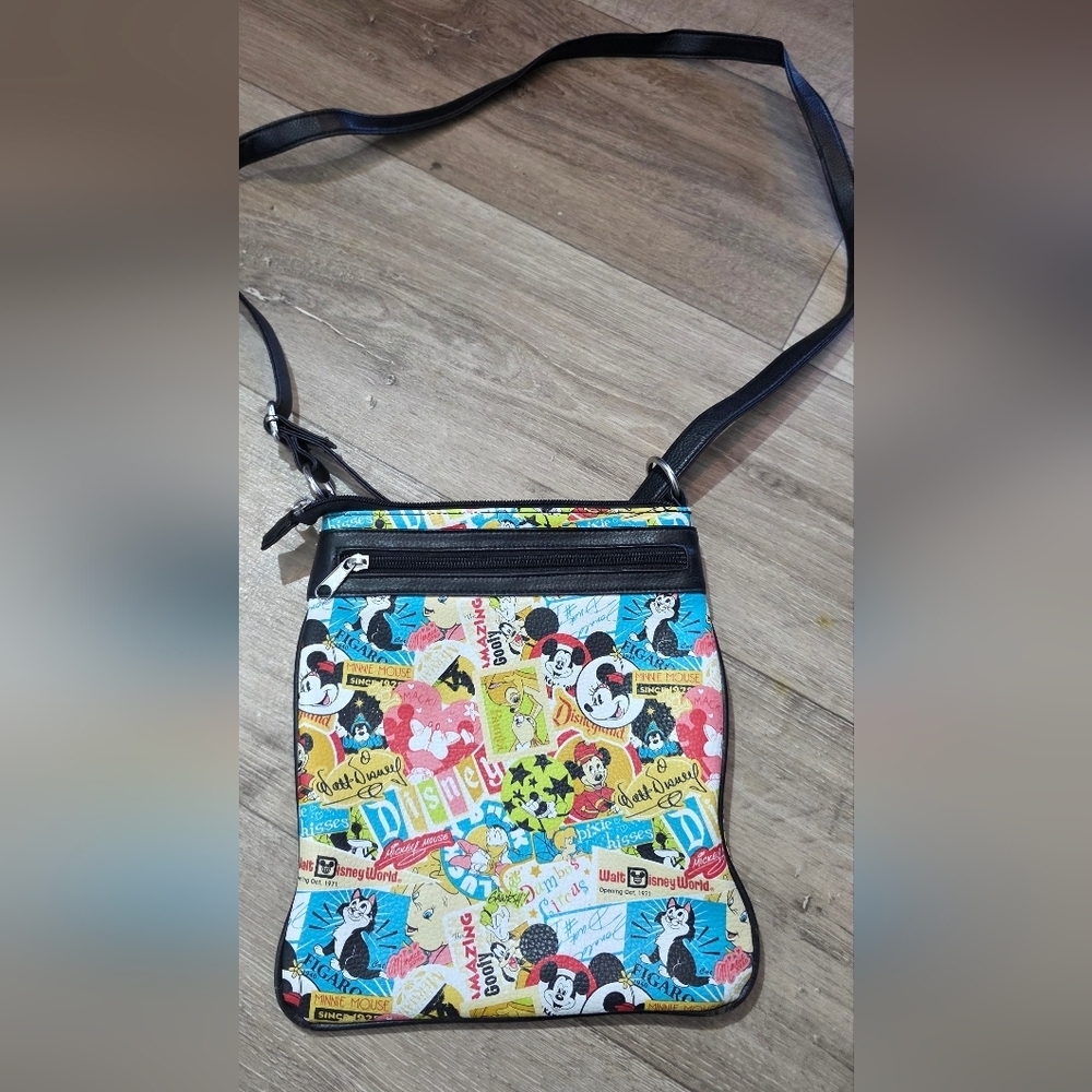 Disney Multicolor Cartoon Patchwork Crossbody Bag with Black Trim